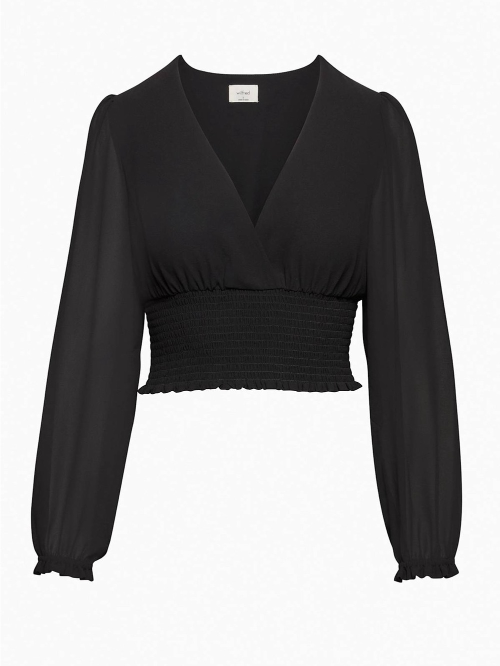 Wilfred Wistful Blouse Black Smocked-Waist V-Neck Cropped Blouse